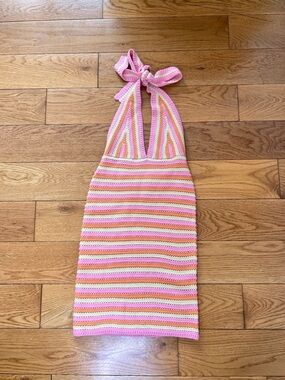 Crochet Halter Backless Dress in Pink & Peach